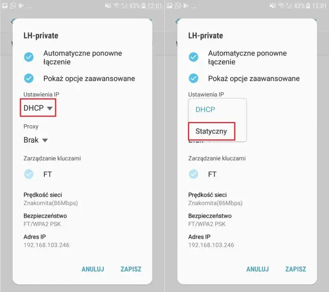 Jak zmienić DNS: wybierz "Statyczny", aby edytować adresy serwerów DNS. Zobaczysz pola na wpisanie nowych wartości.
