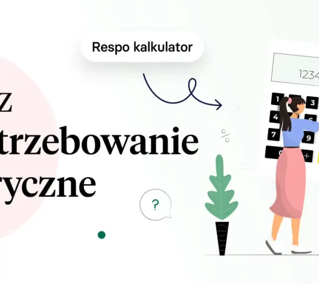 Jak obliczyć zapotrzebowanie kaloryczne? Kobieta z kalkulatorem i ikonami sugeruje łatwe rozwiązanie.