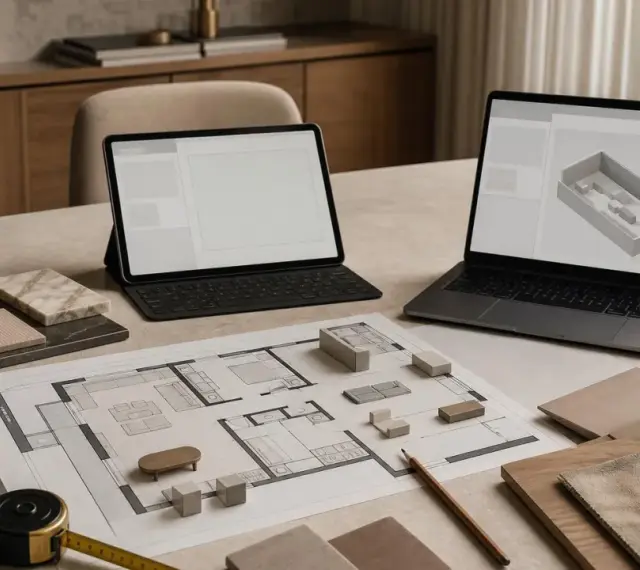 Na stole leży plan mieszkania, próbki materiałów i dwa laptopy z otwartą aplikacją do projektowania wnętrz.