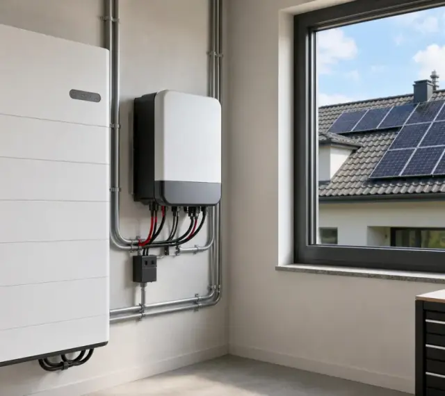 Nowoczesny magazyn energii i falownik, gotowe do instalacji najlepszej fotowoltaiki. Za oknem widać dom z panelami słonecznymi na dachu.
