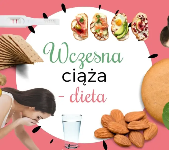 Wczesna ciąża - dieta: test ciążowy, imbir, chrupki, przekąski, migdały, szpinak, para z pozytywnym testem.
