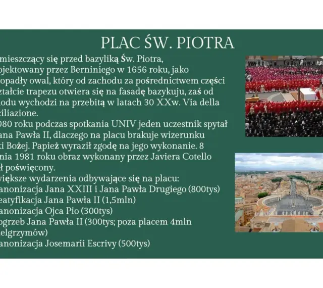 Plac św. Piotra w Watykanie, zaprojektowany przez Berniniego, to serce państwa Watykańskiego, gdzie odbywają się ważne wydarzenia.