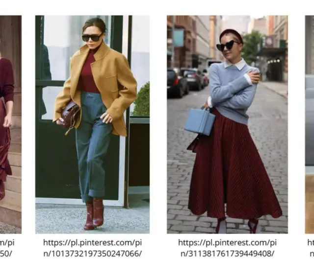 Eleganckie bordowe spodnie i spódnice w stylizacjach: plisowana midi, szerokie nogawki, asymetryczna maxi.