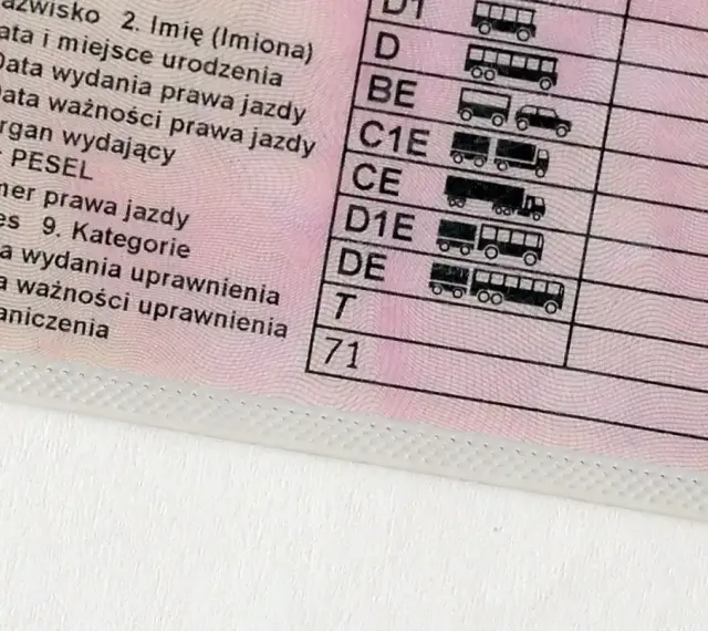 Fragment polskiego prawa jazdy z widocznymi kategoriami pojazdów i polem "Ograniczenia" z wpisaną cyfrą 71.