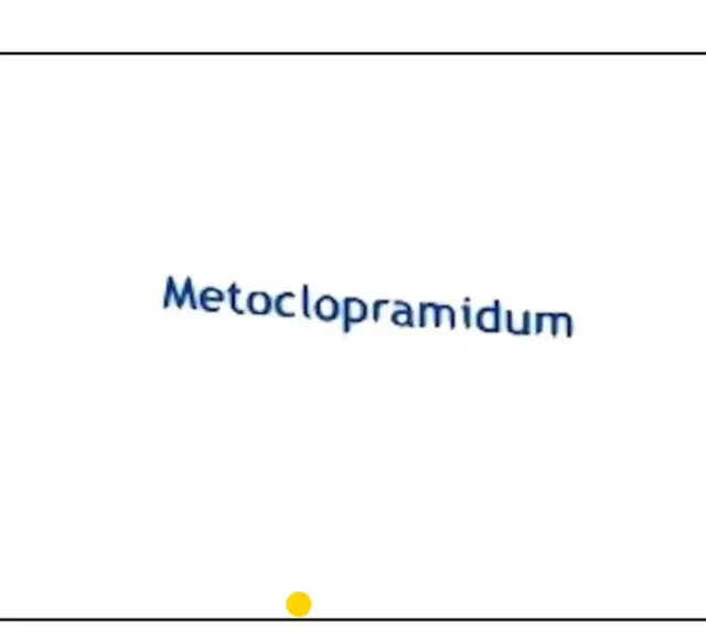Napis "Metoclopramidum" na białym tle. Symbolizuje lek Metoclopramidum Polpharma.