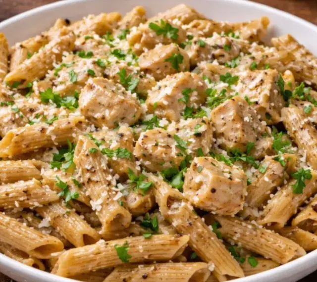 Pyszne danie z makaronem pełnoziarnistym penne, kawałkami kurczaka i parmezanem, posypane świeżą natką pietruszki.