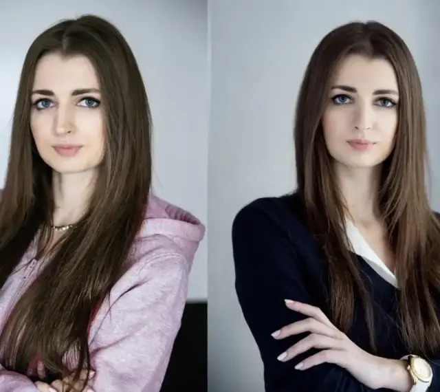 Dwie wersje profesjonalnego zdjęcia do CV: w różowej bluzie i granatowym swetrze.