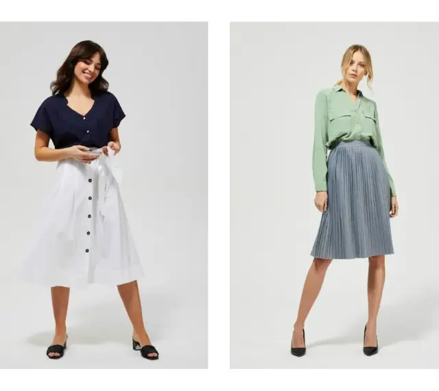 Dwie kobiety prezentują eleganckie stylizacje. Jedna w granatowej bluzce i białej spódnicy, druga w zielonej koszuli i niebieskiej spódnicy. To inspiracja, jak stworzyć odpowiedni dress code.
