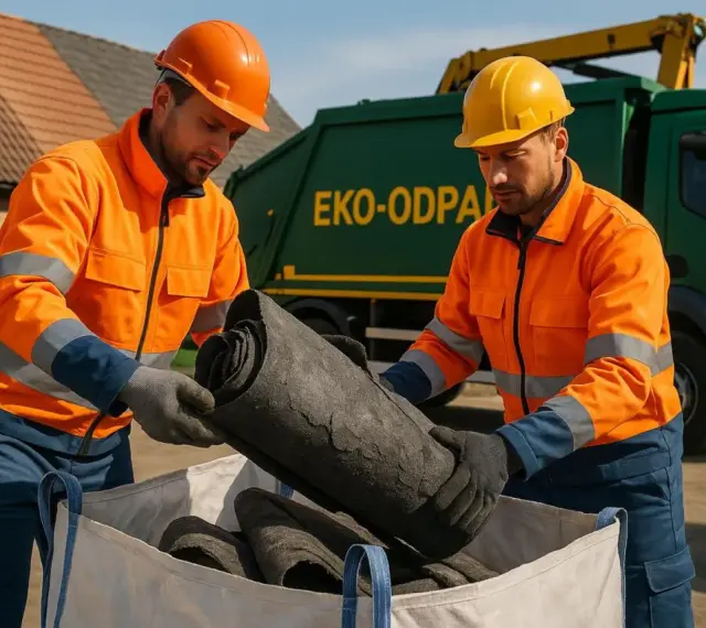 Dwóch pracowników w pomarańczowych kurtkach i kaskach wyjmuje z worka zrolowane materiały. Obok stoi zielona śmieciarka z napisem "EKO-ODPADY". To pszok papa, który trafi do recyklingu.