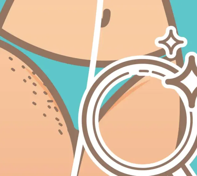 Jak golić bikini bez podrażnień? Ilustracja pokazuje porównanie skóry przed i po depilacji, z lupą podkreślającą gładkość.