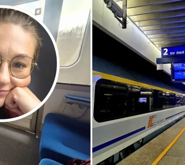 Uśmiechnięta kobieta w okularach w pociągu, obok peron z tablicą informującą o odjeździe pociągu **Berlin Warszawa Express**.