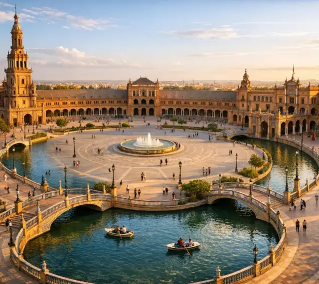 Zachód słońca nad Plaza de España w Sewilli. Ludzie pływają łódkami po kanale, podziwiając architekturę tego pięknego miasta.