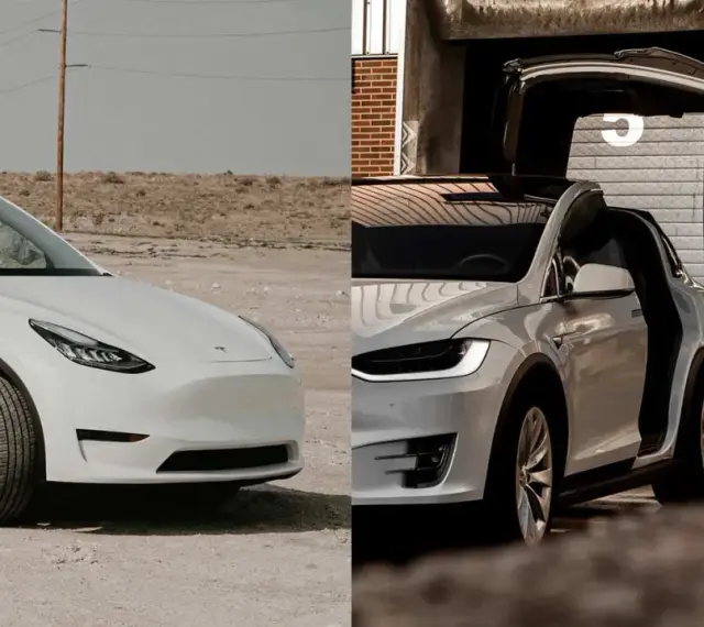 Dwa białe Tesle: Model Y z przodu i Model X z otwartymi drzwiami.