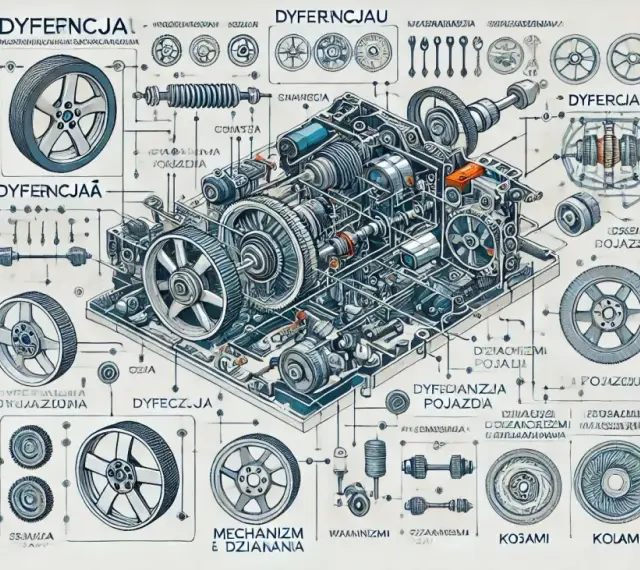Ilustracja techniczna przedstawiająca schemat budowy dyferencjału z elementami samochodowymi i kołami.