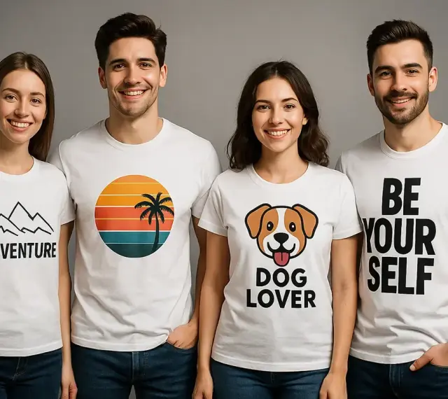 Cztery osoby w białych koszulkach z napisami: "ADVENTURE", zachód słońca z palmą, "DOG LOVER" i "BE YOUR SELF". Możesz taką koszulkę stworzyć!