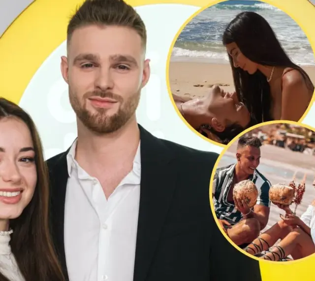 Hotel Paradise 3: Uczestnicy na zdjęciu głównym i w okrągłych wstawkach, pokazujący ich na plaży i z kokosami.
