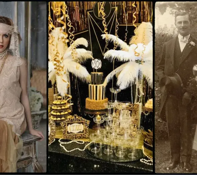 Eleganckie lata 20. stylizacje: kobieta w sukni z pereł, złoty tort i para młoda na ślubnym zdjęciu.