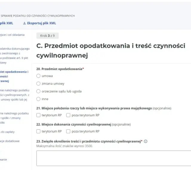 Formularz PCC-3(6) krok 3 z 9: przedmiot opodatkowania i treść czynności cywilnoprawnych. Jak zapłacić PCC-3 przez internet? Wypełnij dane dotyczące umowy.