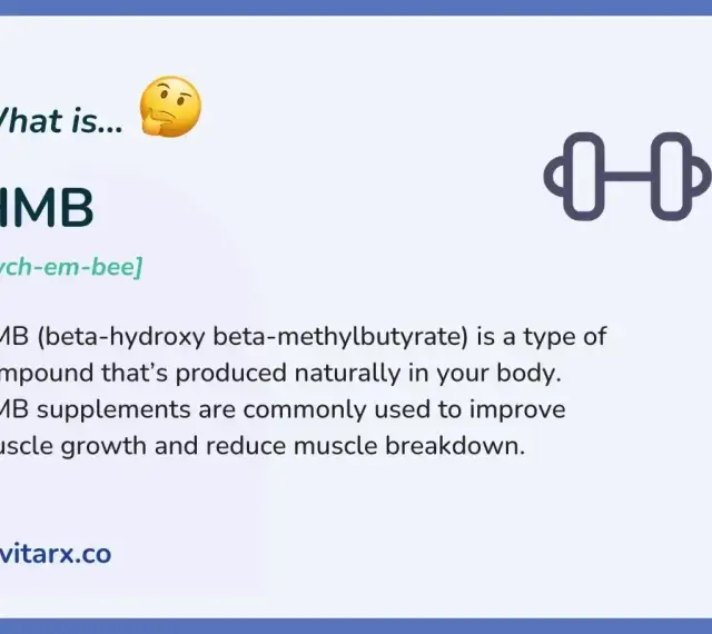 HMB co to? To beta-hydroksy beta-metylomaślan, związek naturalnie produkowany w ciele, wspierający wzrost mięśni. Ikona hantli symbolizuje jego zastosowanie.
