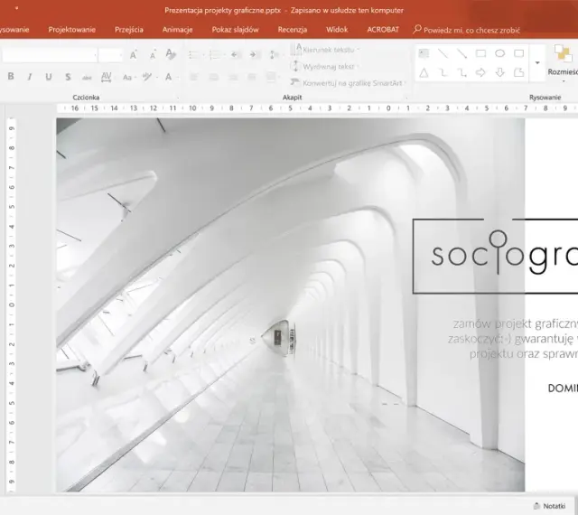 Program do prezentacji z widokiem slajdów. Na pierwszym slajdzie logo "sociografka" i hasło.