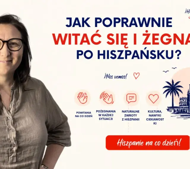 Kobieta z okularami uśmiecha się, obok tekst o tym, jak się mówi po hiszpańsku, ikony i rysunek hiszpańskiej architektury.