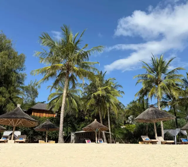 Rajska plaża na Zanzibarze z palmami, leżakami i słomianymi parasolami. Idealne miejsce na wymarzone wakacje.