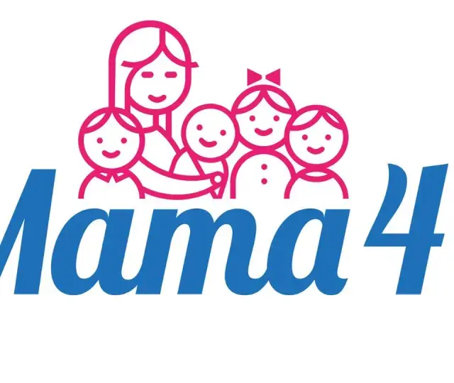 Logo "Mama 4+" z rysunkiem matki i czwórki dzieci. Symbolizuje emeryturę dla matek 4 dzieci, które pracowały.
