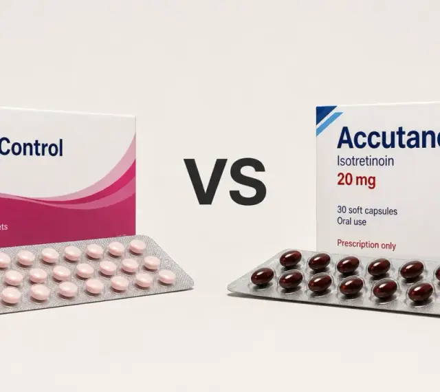 Porównanie tabletek antykoncepcyjnych i Accutane 20 mg. Dwa opakowania leków, jedno z różowymi tabletkami, drugie z brązowymi kapsułkami.