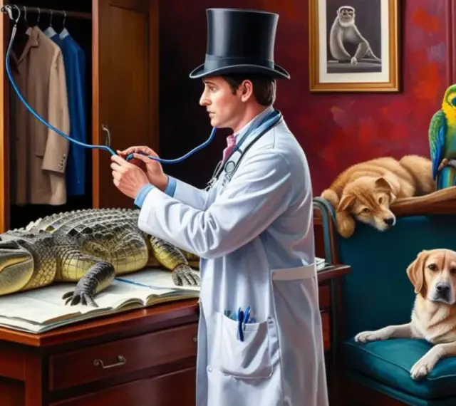 Doktor Dolittle i jego zwierzęta bohaterowie: doktor w cylindrze bada aligatora, podczas gdy małpa, dwa psy i papugi obserwują.