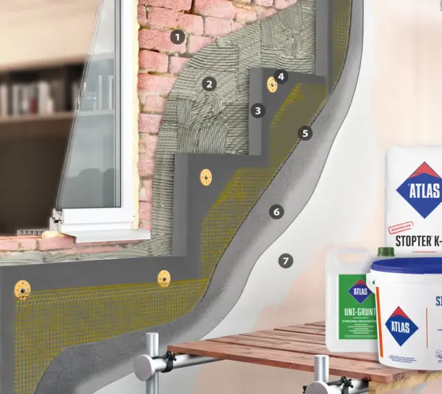 Przekrój ściany z widocznym systemem ocieplenia i produktami Atlas: podkładem, klejem i tynkiem.