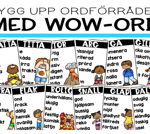 Roliga bilder att rita som visar ord som "krattar", "tittar", "arg", "glad" och "elak" med illustrationer.