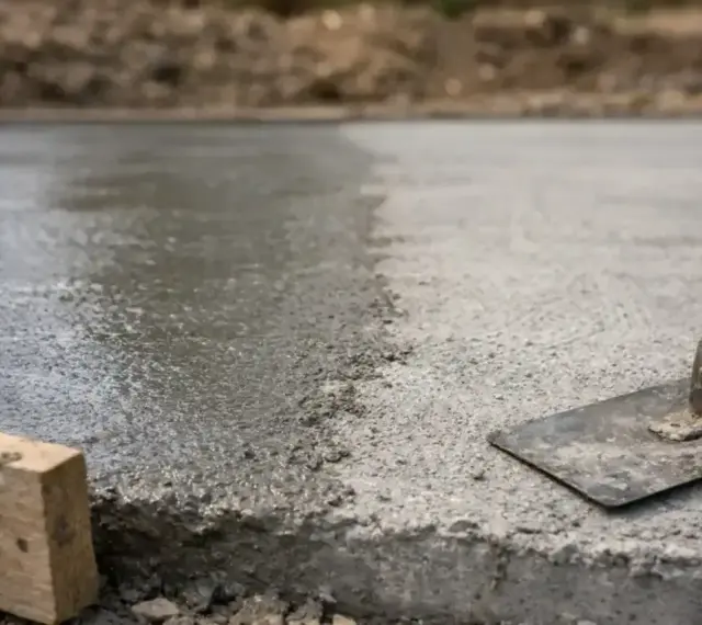 Świeżo wylany, mokry beton czeka na wykończenie. Narzędzia budowlane, jak kielnia i drewniany krawężnik, sugerują szybki postęp prac.