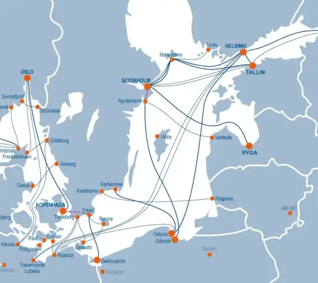 Mapa tras promowych łączących porty od Norwegii po kraje bałtyckie, w tym prom do Danii.