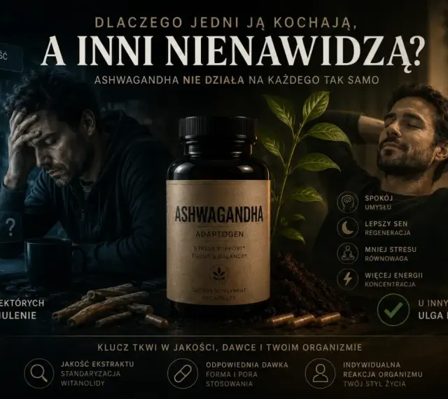 Ashwagandha: kluczowa standaryzacja ekstraktu na witanolidy. Po lewej mężczyzna w rozpaczy, po prawej zrelaksowany.