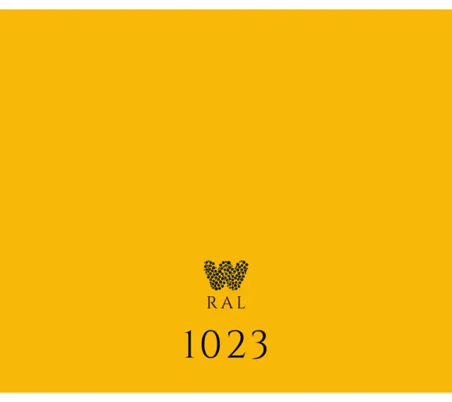 Jasnożółte tło z zaokrąglonymi rogami. Na środku logo z napisem "RAL" i cyframi "1023". Kolor RAL 1023.