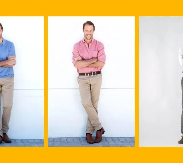 Trzech mężczyzn prezentuje różne style ubierania się: casualowy polo, elegancki z koszulą i garnitur w kratę.