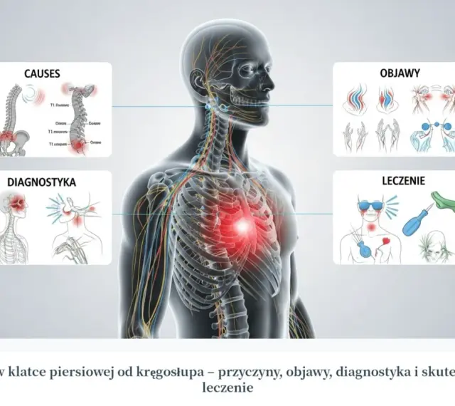 Ból w mostku od kręgosłupa: przyczyny, objawy, diagnostyka i leczenie. Ilustracja przedstawia anatomię człowieka z zaznaczonymi obszarami bólu.