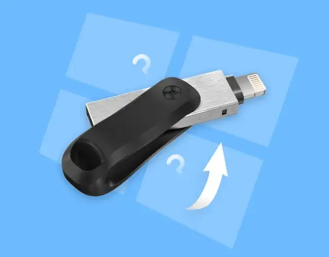 Pendrive z wtyczką Lightning i pytajnikami. Dowiedz się, jak sformatować dysk, aby odzyskać miejsce.