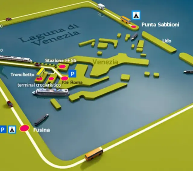 Mapa Wenecji i okolic: lotnisko Marco Polo, stacja kolejowa, terminal promowy, Punta Sabbioni, Lido, Chioggia. Dojazd z Treviso.