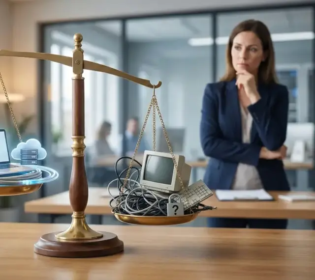 Waga szalkowa symbolizuje outsourcing: z jednej strony nowoczesny sprzęt i chmura, z drugiej stare urządzenia i znak zapytania. Kobieta rozważa wady i zalety.