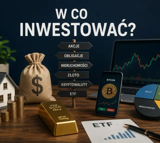Zastanawiasz się, w co inwestować? Na stole leżą złoto, dom, worek pieniędzy, kryptowaluty i wykresy.