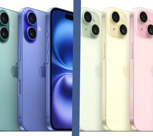 Rząd kolorowych iPhone'ów, od różowego po niebieski, z widocznym interfejsem iOS 15 na ekranie jednego z nich.