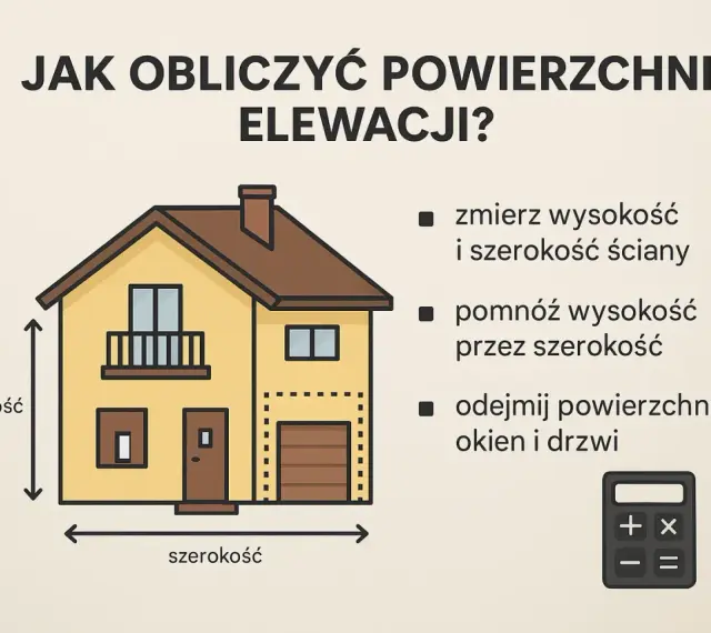 Obliczanie powierzchni elewacji: zmierz wysokość i szerokość, pomnóż, odejmij okna/drzwi. Pomocne przy ustalaniu elewacja cena za m2 robocizna.