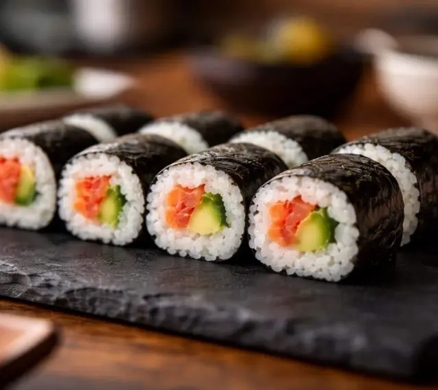 Rzędy sushi z łososiem i awokado, owinięte w ciemną, błyszczącą nori.