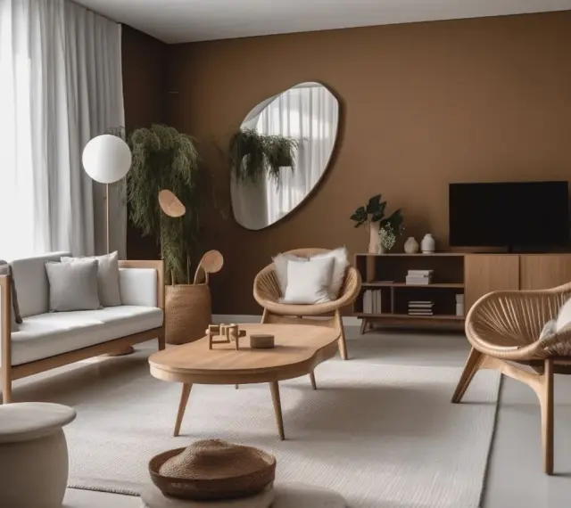 Nowoczesny salon z brązowymi ścianami, drewnianymi meblami i roślinami.