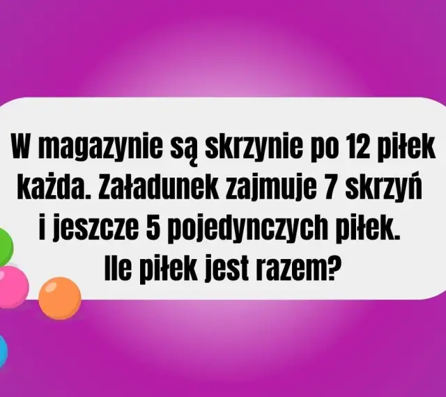 Kolorowe piłki i tekst z zadaniem matematycznym.