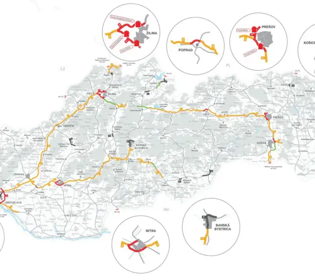 Mapa Słowacji z zaznaczonymi drogami i winietami. Widoczne główne miasta i autostrady, w tym winiety dla Bratysławy, Żyliny, Popradu, Preszowa, Koszyc, Nitry i Bańskiej Bystrzycy.