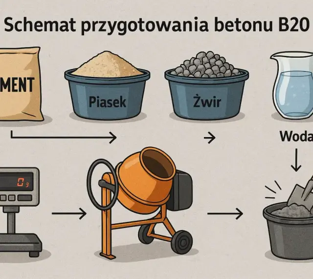 Schemat jak zrobić beton B20: cement, piasek, żwir i woda trafiają do betoniarki, a następnie do wiadra z łopatą.