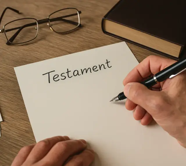 Dłoń pisze piórem na dokumencie z napisem "Testament". Obok leżą okulary i oprawiona księga.