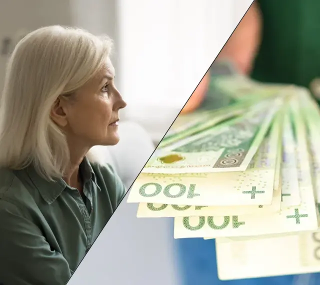 Zamyślona kobieta i stos banknotów 100 zł. Zastanawia się, ile wynosi renta wdowia.